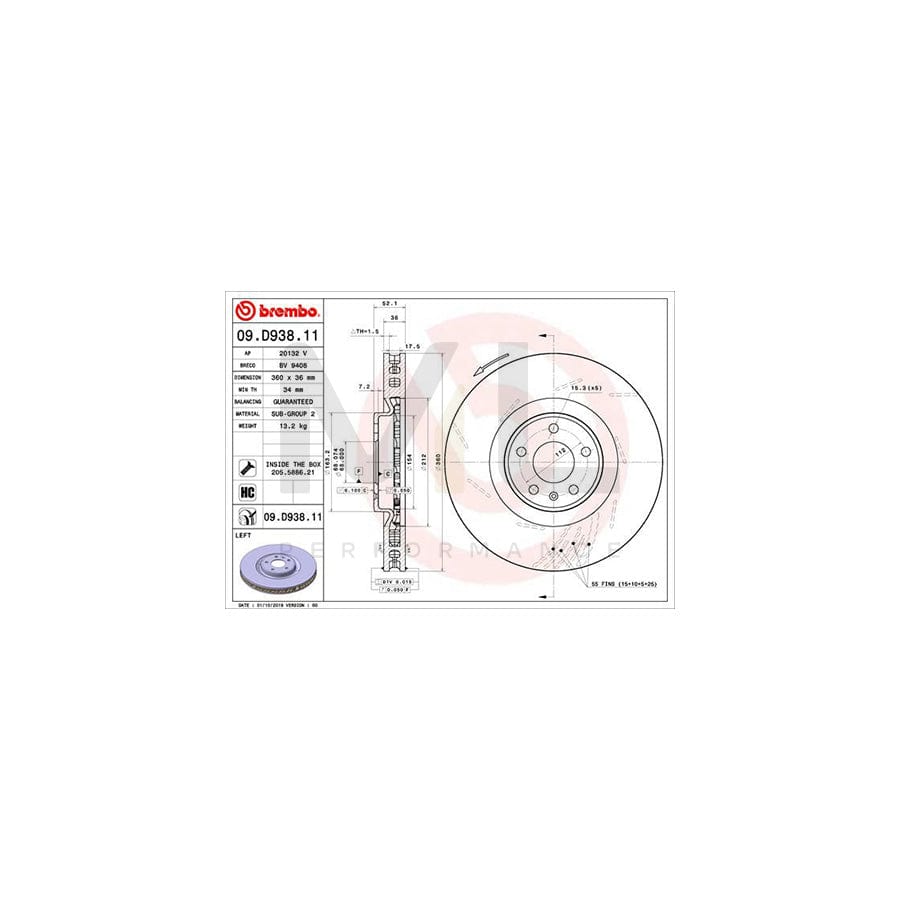 BREMBO 09.D938.11 Brake Disc for PORSCHE Macan (95B) Internally Vented, Slotted, Coated, High-carbon, with bolts/screws Supercar Parts UK Car Parts